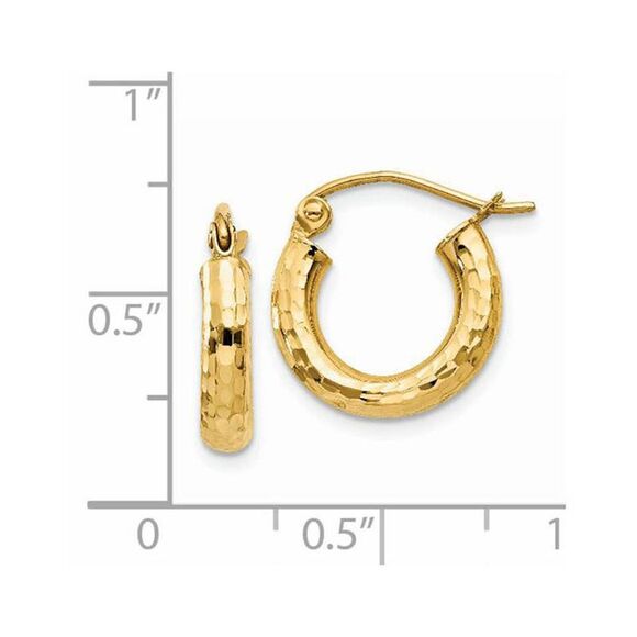 3mm x 14mm, 14k Yellow Gold, Diamond-cut Round Hoop Earrings